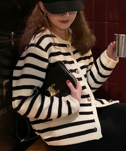 SETUP7（セットアップセブン）の「【SETUP7】クルーネックボーダーカーディガン SCCH289（カーディガン/ボレロ・レディース・ブラック/レッド・FREE）」の2枚目の写真