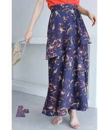 ウエストスカーフを巻く花画ロングスカート