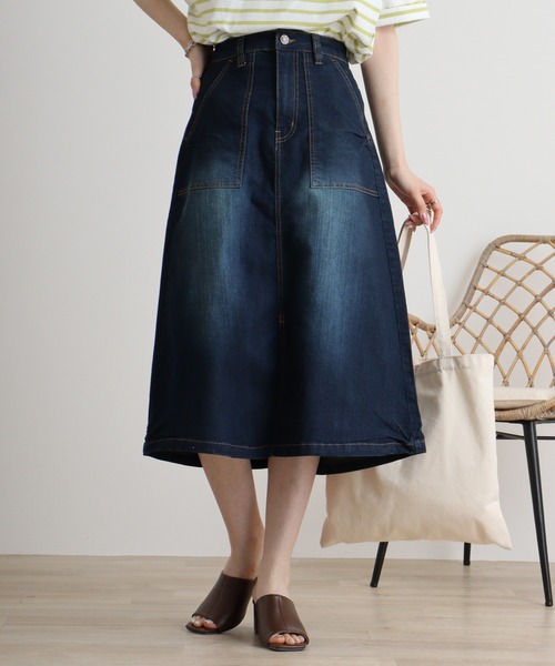atONE（アットワン）の「atONE 9.5ozストレッチデニムベイカースカート（デニムスカート・レディース・ネイビー/ブルー・M/L/3L/4L/LL）」の2枚目の写真