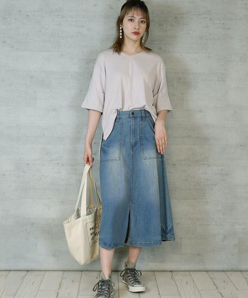 atONE（アットワン）の「atONE 9.5ozストレッチデニムベイカースカート（デニムスカート・レディース・ネイビー/ブルー・M/L/3L/4L/LL）」の10枚目の写真
