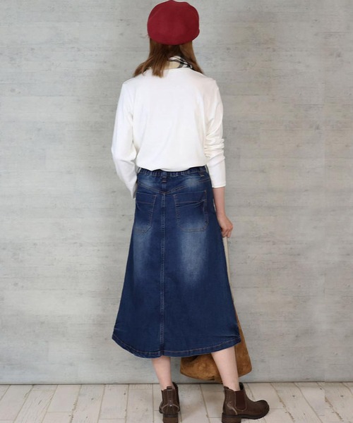 atONE（アットワン）の「atONE 9.5ozストレッチデニムベイカースカート（デニムスカート・レディース・ネイビー/ブルー・M/L/3L/4L/LL）」の7枚目の写真