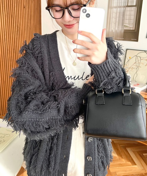 フリンジ付きブラックカーディガン PRANK PROJECT（プランクプロジェクト）の「ハンドフリンジニット