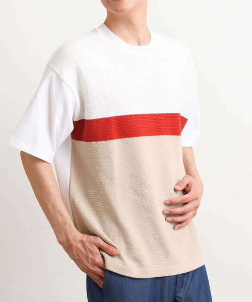 a.v.v(アーヴェヴェ)の「前身ニット切り替えカットソー(デザテクシリーズ)(Tシャツ/カットソー・メンズ・ブルー/オレンジ・46/48/50)」の1枚目の写真