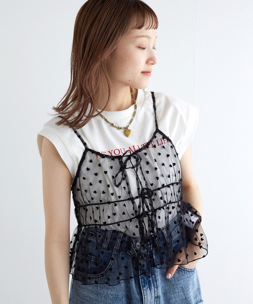 w closet(ダブルクローゼット)の「ハートフロッキーチュールキャミソール(キャミソール・レディース・ホワイト/ブラック/ベージュ・FREE)」の17枚目の写真