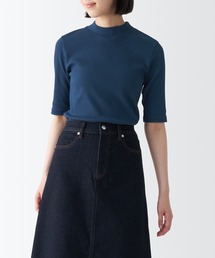 ストレッチリブ編みハイネック五分袖Ｔシャツ