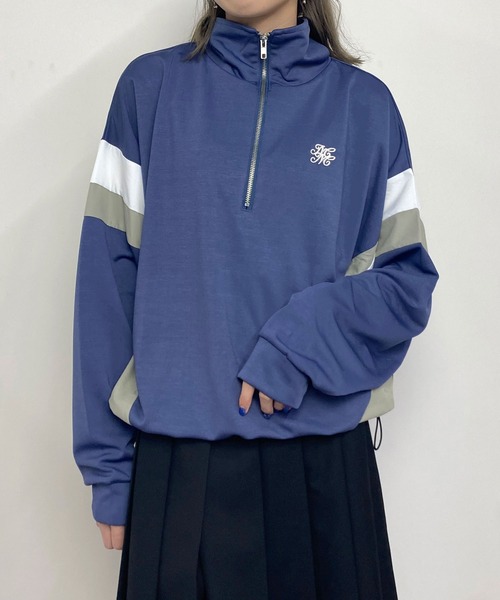 179/WG(イチナナキュウダブルジー)の「異素材配色ハーフZIPプルオーバー(Tシャツ/カットソー・レディース・ブラック/オフホワイト/ブルー/ブラックミックス・FREE)」の1枚目の写真