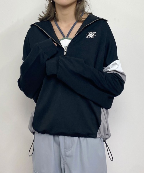 179/WG(イチナナキュウダブルジー)の「異素材配色ハーフZIPプルオーバー(Tシャツ/カットソー・レディース・ブラック/オフホワイト/ブルー/ブラックミックス・FREE)」の4枚目の写真