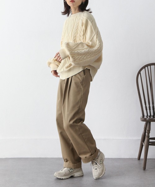 Chillfar（チルファー）の「ヴィンテージライクアランニット（ニット/セーター・レディース・グリーン/レッド/アイボリー/グレイッシュベージュ/ネイビー/オレンジ/グレー・FREE）」の13枚目の写真