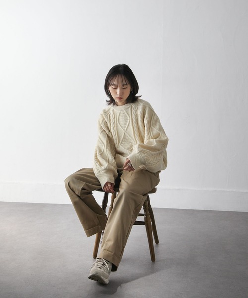 Chillfar（チルファー）の「ヴィンテージライクアランニット（ニット/セーター・レディース・グリーン/レッド/アイボリー/グレイッシュベージュ/ネイビー/オレンジ/グレー・FREE）」の16枚目の写真