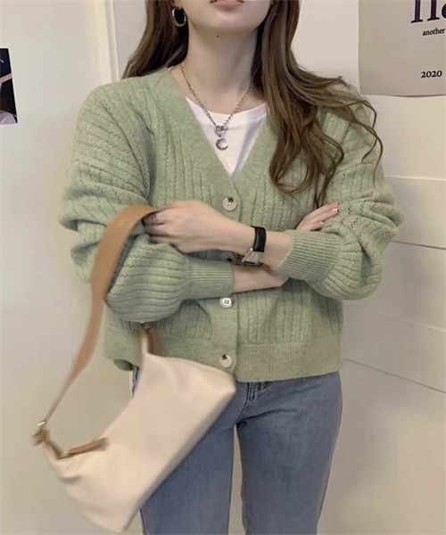 FREE STYLISTS(フリー スタイリスト)の「Vネックニットカーディガン(カーディガン/ボレロ・レディース・アイボリー/グリーン/ベージュ/ラベンダー・FREE)」の1枚目の写真