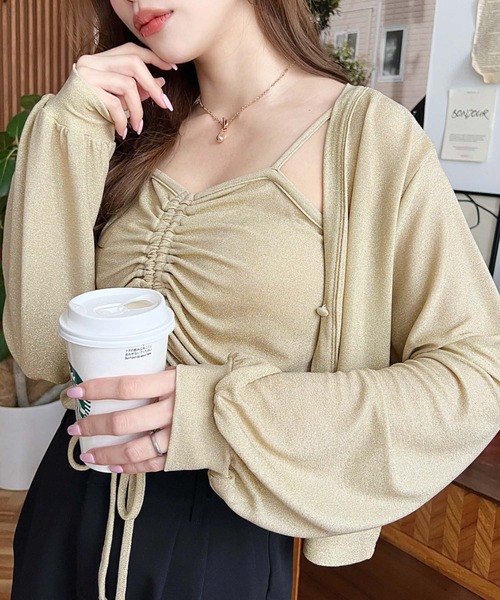 セール】ラメニットソーアンサンブルフロントシャーリングキャミソール  