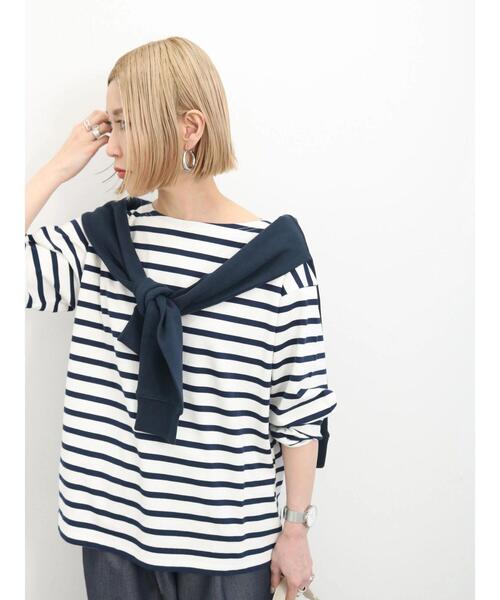 Samansa Mos2 blue（サマンサモスモスブルー）の「ボーダーバスクプルオーバー（Tシャツ/カットソー・レディース・グリーン/イエロー/ブルー/オフホワイト/パープル・F）」の2枚目の写真