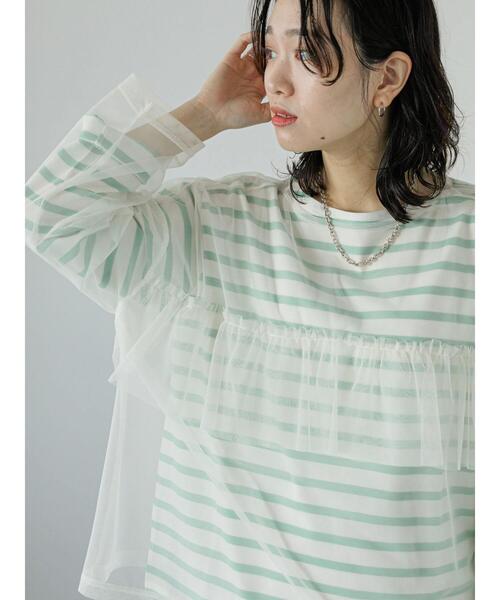 Samansa Mos2 blue（サマンサモスモスブルー）の「ボーダーバスクプルオーバー（Tシャツ/カットソー・レディース・グリーン/イエロー/ブルー/オフホワイト/パープル・F）」の3枚目の写真