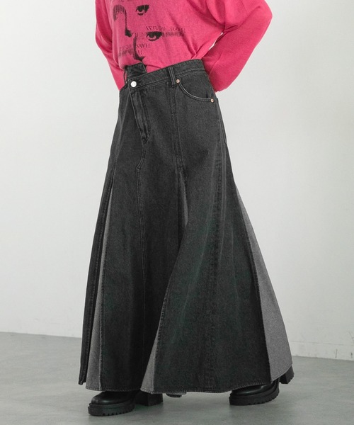 RAGEBLUE（レイジブルー）の「ワイドプリーツデニムフレアスカート（デニムスカート・レディース・ブラック/ブルー・FREE）」の4枚目の写真