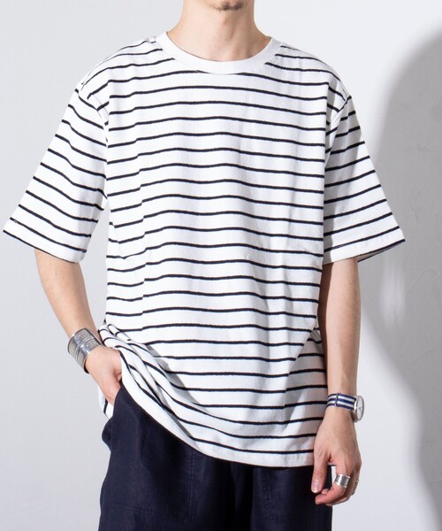GLOSTER(グロスター)の「【限定展開】【GLOSTER/グロスター】パイルクルーネックTシャツ (無地/ボーダー)(Tシャツ/カットソー・メンズ・ネイビー/グレー/ホワイト系その他/ブルー系その他・M/L/XL)」の2枚目の写真