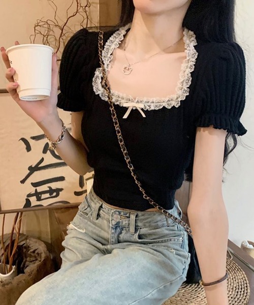Nia(ニア)の「Nia(ニア)/バックリボン フレンチカットソー(Tシャツ/カットソー・レディース・ブラック/ピンク・FREE)」の2枚目の写真