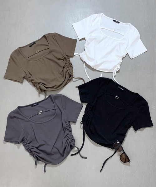 non-hedge（ノンヘッジ）の「サイドドロストチョーカー風クロップド丈トップス（Tシャツ/カットソー・レディース・チャコールグレー/ブラック/オフホワイト/モカ・FREE）」の6枚目の写真
