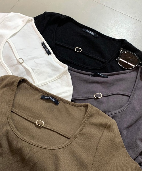 non-hedge（ノンヘッジ）の「サイドドロストチョーカー風クロップド丈トップス（Tシャツ/カットソー・レディース・チャコールグレー/ブラック/オフホワイト/モカ・FREE）」の7枚目の写真