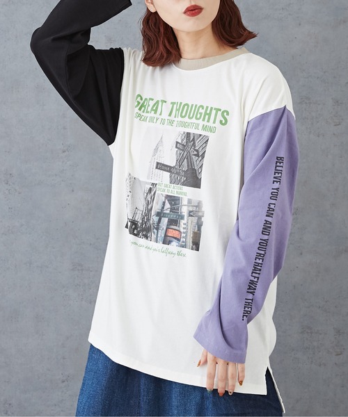 CUBE SUGAR（キューブシュガー）の「26/-天竺フォトプリントロンT（Tシャツ/カットソー・レディース・マルチ/ホワイト/パープル/グレイッシュベージュ/ブラック・M）」の5枚目の写真