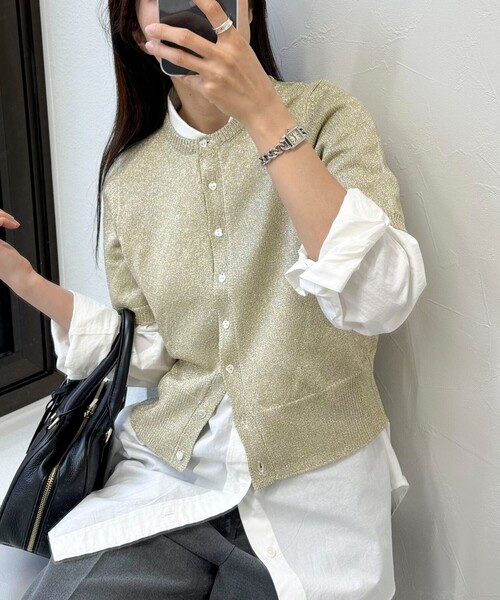 fredy emue（フレディエミュ）の「ラメリリヤーンハート釦半袖カーディガン（ニット/セーター・レディース・グレー/サックスブルー/ゴールド・38）」の3枚目の写真