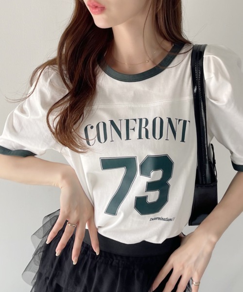 Ada.(エイダ)の「ナンバー ロゴ プリント パワショル リンガー Tシャツ(Tシャツ/カットソー・レディース・オフホワイト/カーキ/ネイビー/ブラック・FREE)」の2枚目の写真