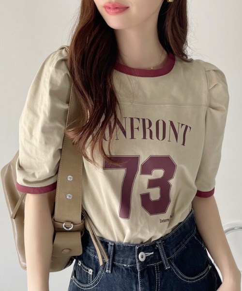 Ada.(エイダ)の「ナンバー ロゴ プリント パワショル リンガー Tシャツ(Tシャツ/カットソー・レディース・オフホワイト/カーキ/ネイビー/ブラック・FREE)」の1枚目の写真