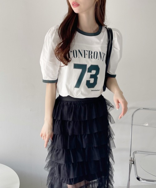 Ada.(エイダ)の「ナンバー ロゴ プリント パワショル リンガー Tシャツ(Tシャツ/カットソー・レディース・オフホワイト/カーキ/ネイビー/ブラック・FREE)」の6枚目の写真