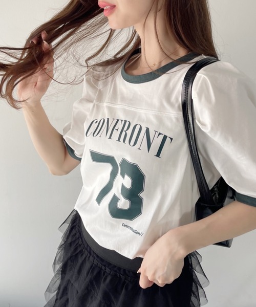 Ada.(エイダ)の「ナンバー ロゴ プリント パワショル リンガー Tシャツ(Tシャツ/カットソー・レディース・オフホワイト/カーキ/ネイビー/ブラック・FREE)」の7枚目の写真