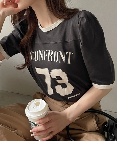 Ada.(エイダ)の「ナンバー ロゴ プリント パワショル リンガー Tシャツ(Tシャツ/カットソー・レディース・オフホワイト/カーキ/ネイビー/ブラック・FREE)」の5枚目の写真