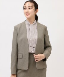 美品　アンタイトル 大きいサイズ ノーカラーツイードジャケット ベージュ 美品□アンタイトル 大きいサイズ ノーカラーツイードジャケット