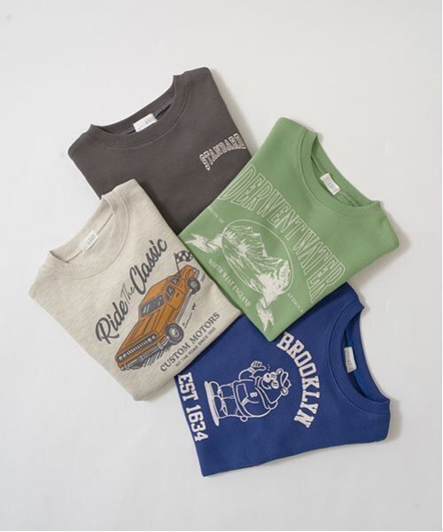 b・ROOM（ビールーム）の「【万能アイテム】選べる7パターンアソートプリントスウェット（スウェット・キッズ・オートミール/ベージュ/マスタード/チャコール/ライトグリーン/ブルーグレー/ブルー・100cm/110cm/120cm/130cm/140cm/150cm）」の14枚目の写真