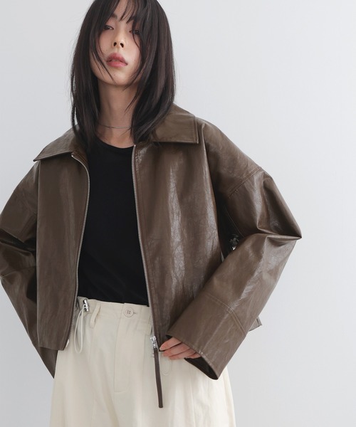 風合い◎ DKNY ジップアップ　レザージャケット　ベージュ　ML位 短丈 セール】フェイクレザーWZIPショートジャケット（ブルゾン）｜LIAN