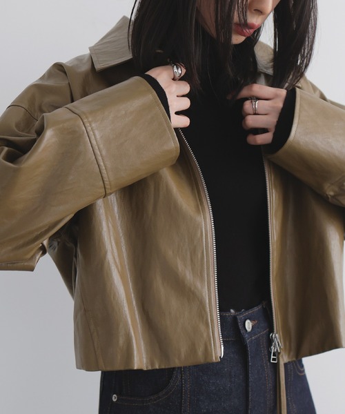 セール】フェイクレザーWZIPショートジャケット（ブルゾン