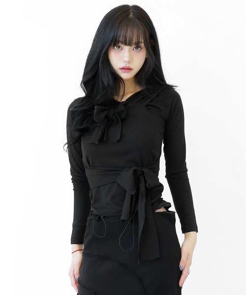 アシンメトリー レイヤード風 フード付きカットソー タイトフード スリムフィット フード付き トップス（その他トップス）｜minsobi（ミンソビ）