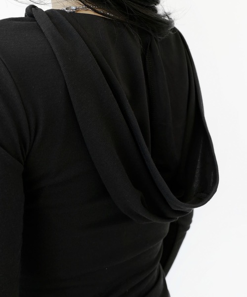 アシンメトリー レイヤード風 フード付きカットソー タイトフード スリムフィット フード付き トップス（その他トップス）｜minsobi（ミンソビ）