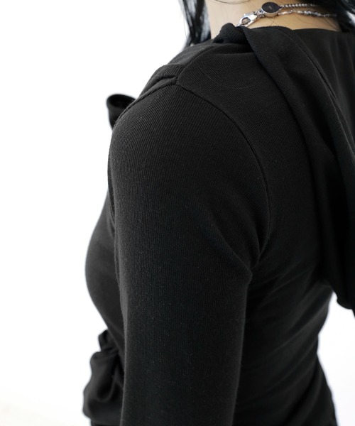 アシンメトリー レイヤード風 フード付きカットソー タイトフード スリムフィット フード付き トップス（その他トップス）｜minsobi（ミンソビ）