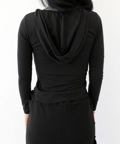 アシンメトリー レイヤード風 フード付きカットソー タイトフード スリムフィット フード付き トップス（その他トップス）｜minsobi（ミンソビ）