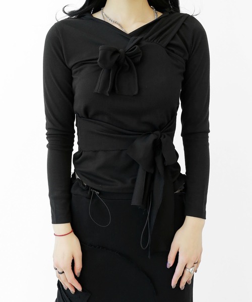アシンメトリー レイヤード風 フード付きカットソー タイトフード スリムフィット フード付き トップス（その他トップス）｜minsobi（ミンソビ）
