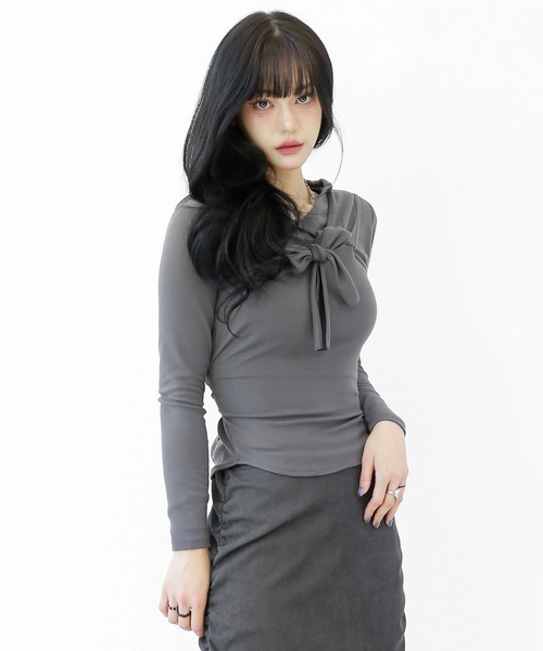 アシンメトリー レイヤード風 フード付きカットソー タイトフード スリムフィット フード付き トップス（その他トップス）｜minsobi（ミンソビ）