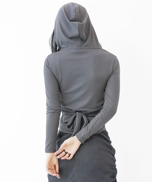 アシンメトリー レイヤード風 フード付きカットソー タイトフード スリムフィット フード付き トップス（その他トップス）｜minsobi（ミンソビ）