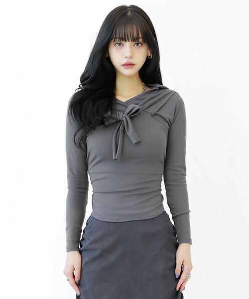 アシンメトリー レイヤード風 フード付きカットソー タイトフード スリムフィット フード付き トップス（その他トップス）｜minsobi（ミンソビ）