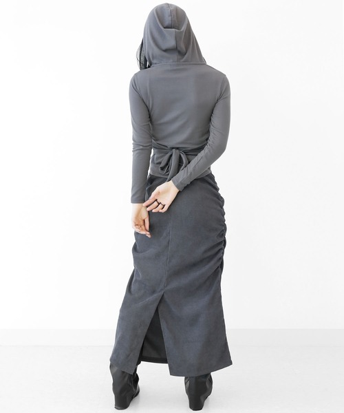 アシンメトリー レイヤード風 フード付きカットソー タイトフード スリムフィット フード付き トップス（その他トップス）｜minsobi（ミンソビ）