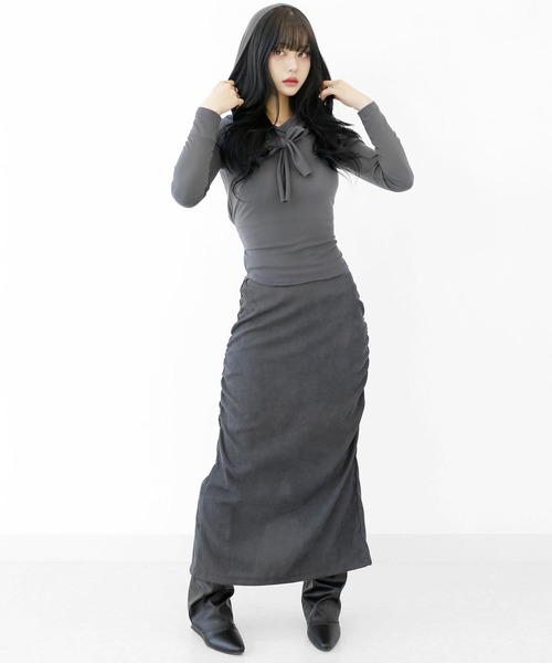 アシンメトリー レイヤード風 フード付きカットソー タイトフード スリムフィット フード付き トップス（その他トップス）｜minsobi（ミンソビ）