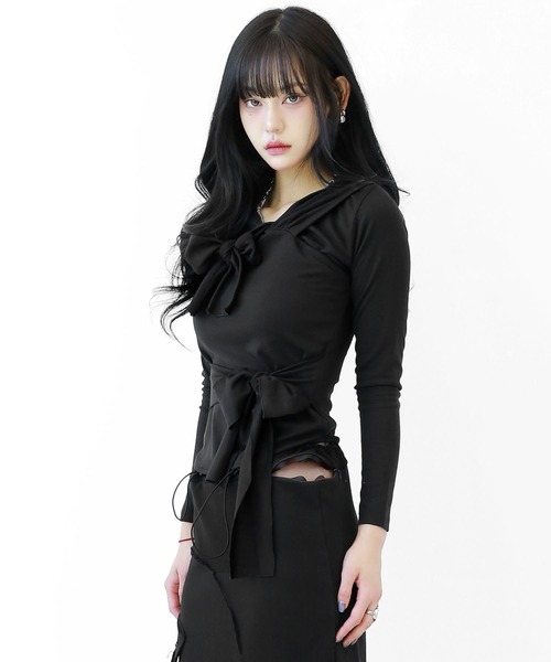 アシンメトリー レイヤード風 フード付きカットソー タイトフード スリムフィット フード付き トップス（その他トップス）｜minsobi（ミンソビ）