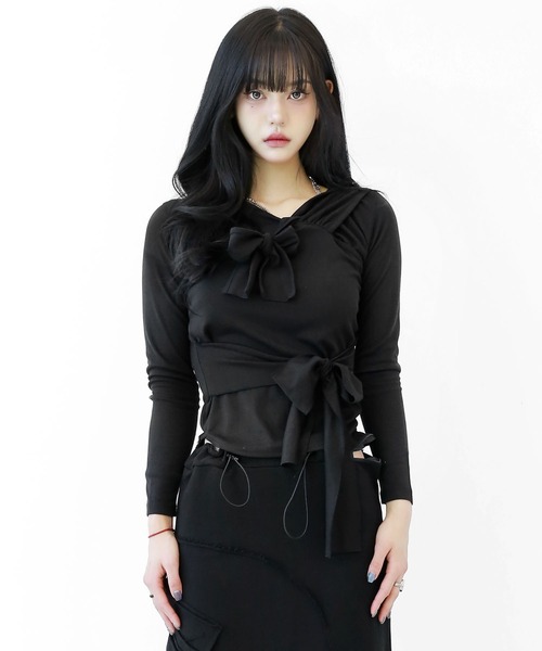 アシンメトリー レイヤード風 フード付きカットソー タイトフード スリムフィット フード付き トップス（その他トップス）｜minsobi（ミンソビ）