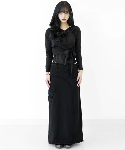 アシンメトリー レイヤード風 フード付きカットソー タイトフード スリムフィット フード付き トップス（その他トップス）｜minsobi（ミンソビ）