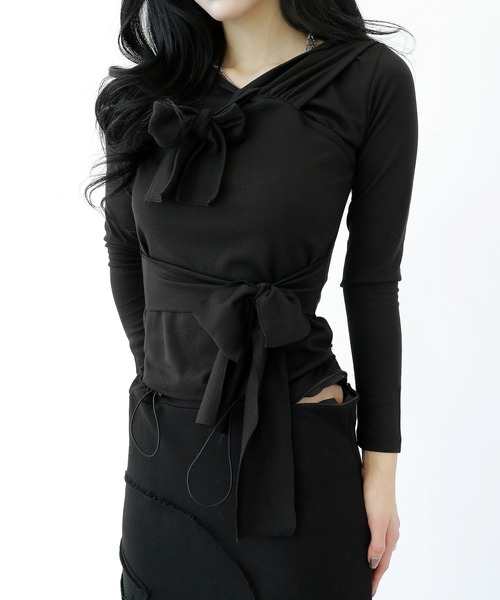 アシンメトリー レイヤード風 フード付きカットソー タイトフード スリムフィット フード付き トップス（その他トップス）｜minsobi（ミンソビ）