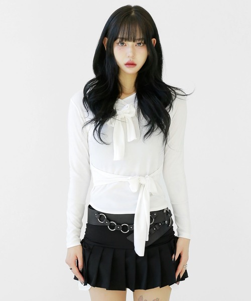 アシンメトリー レイヤード風 フード付きカットソー タイトフード スリムフィット フード付き トップス（その他トップス）｜minsobi（ミンソビ）