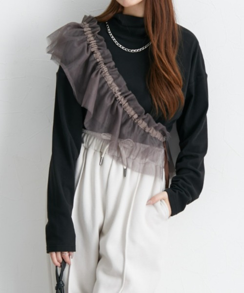 nissen(ニッセン)の「ハイネック肉厚カットソートップス(チュールケープ付)(シャツ/ブラウス・レディース・ブラック/チャコールグレー・S/M/L/LL/3L)」の15枚目の写真