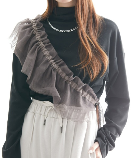 nissen(ニッセン)の「ハイネック肉厚カットソートップス(チュールケープ付)(シャツ/ブラウス・レディース・ブラック/チャコールグレー・S/M/L/LL/3L)」の20枚目の写真